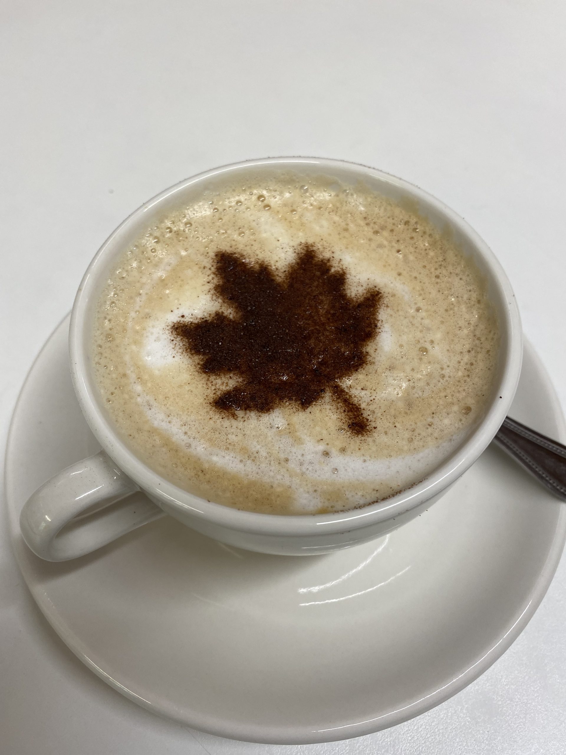 A cappuccino with an autumnal oak leaf made from chocolate powder